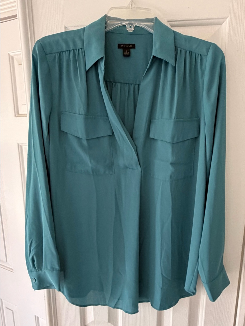 Ann Taylor Teal Button-Front Utility Blouse M